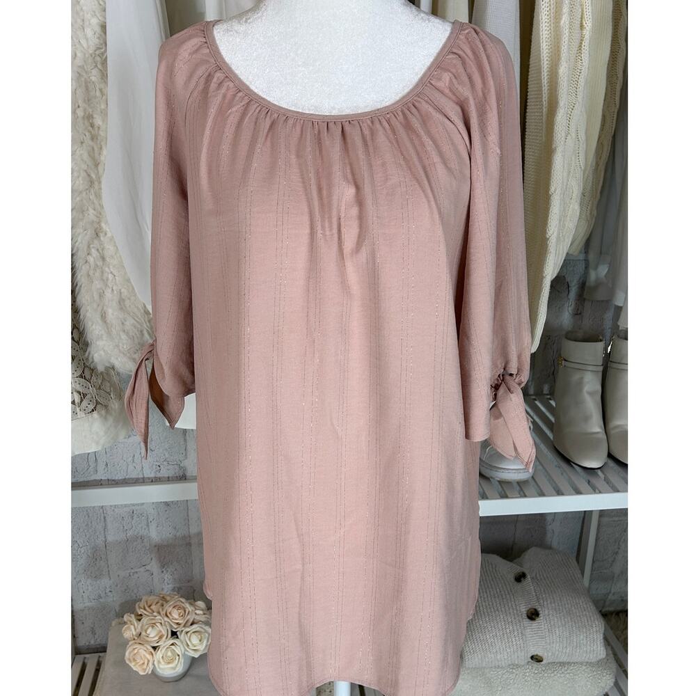 Como Black Women's Size M Light Pink Tie Sleeve Blouse #0354